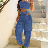 WomenWrap Top Tie Workwear Long Pants Pocket Denim Blue Crop Waist Set Suit